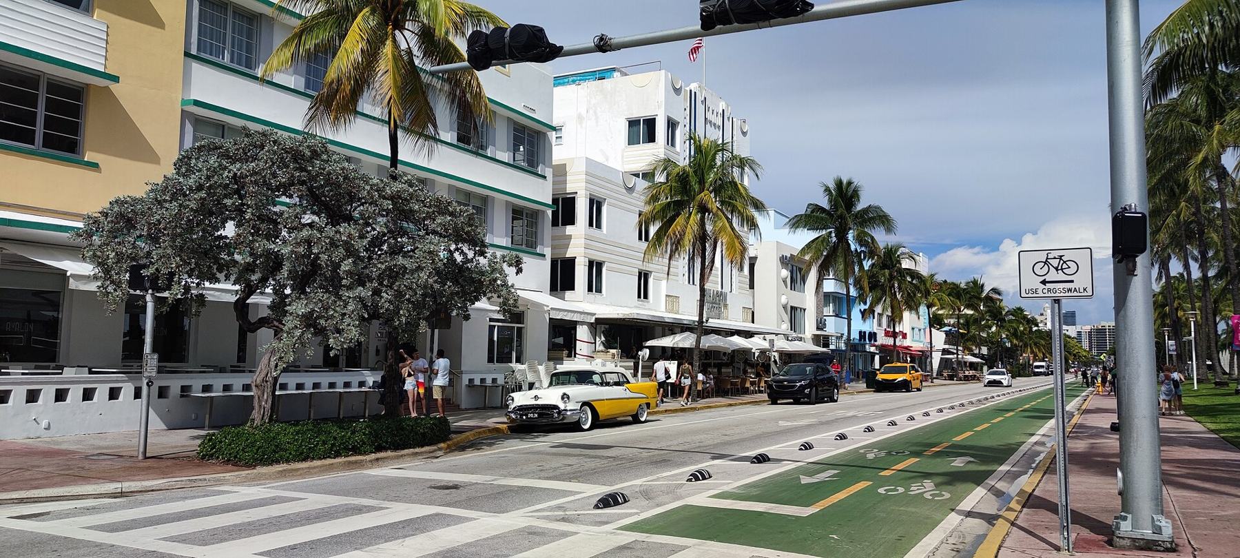 Hoteles art déco y palmeras sobre Ocean Drive, en Miami Beach